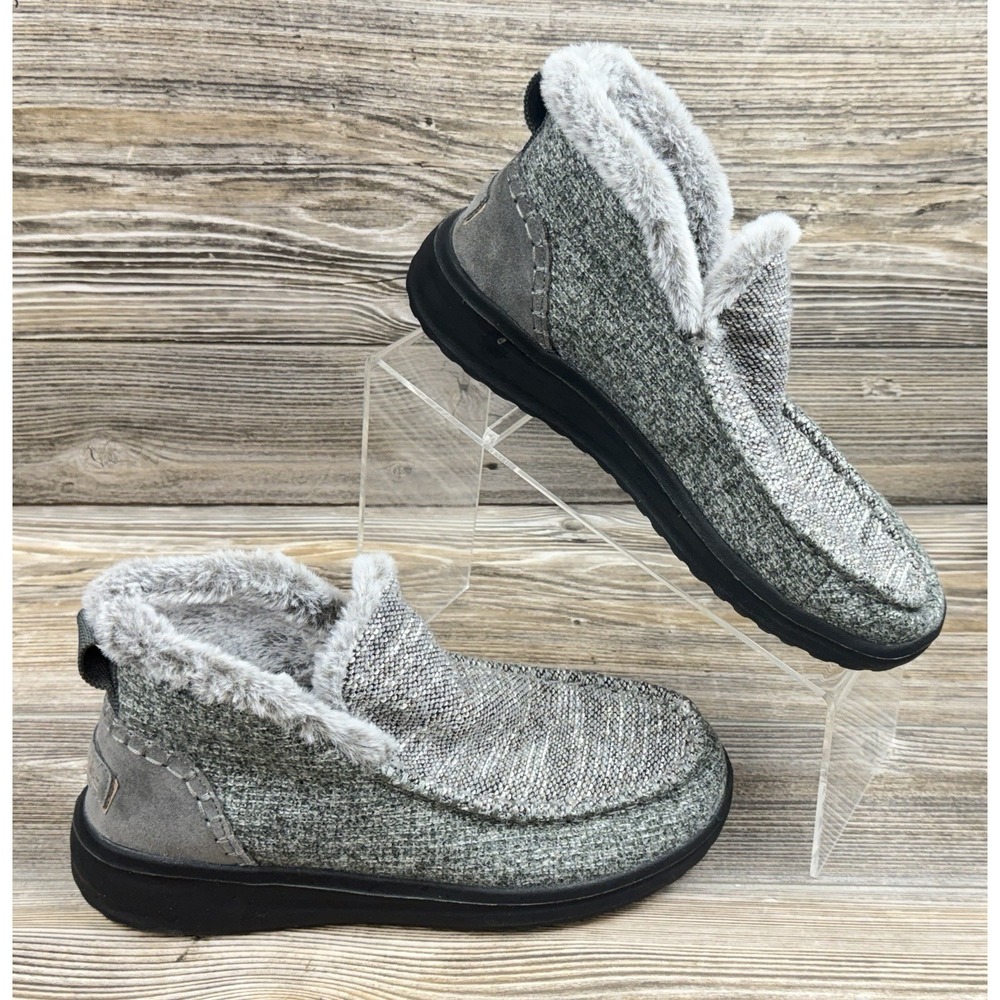 HEY‎ DUDE DENNY Gray Slip On Comfy Bootie Shoes Ankle Boot Faux Fur Womens 7